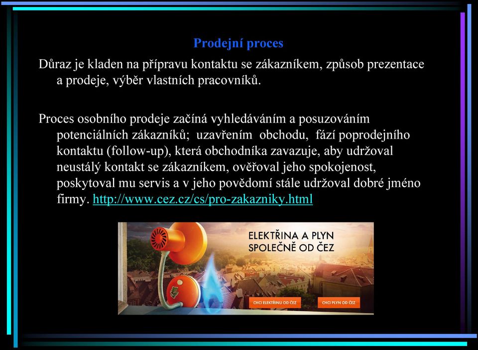 Proces osobního prodeje začíná vyhledáváním a posuzováním potenciálních zákazníků; uzavřením obchodu, fází poprodejního