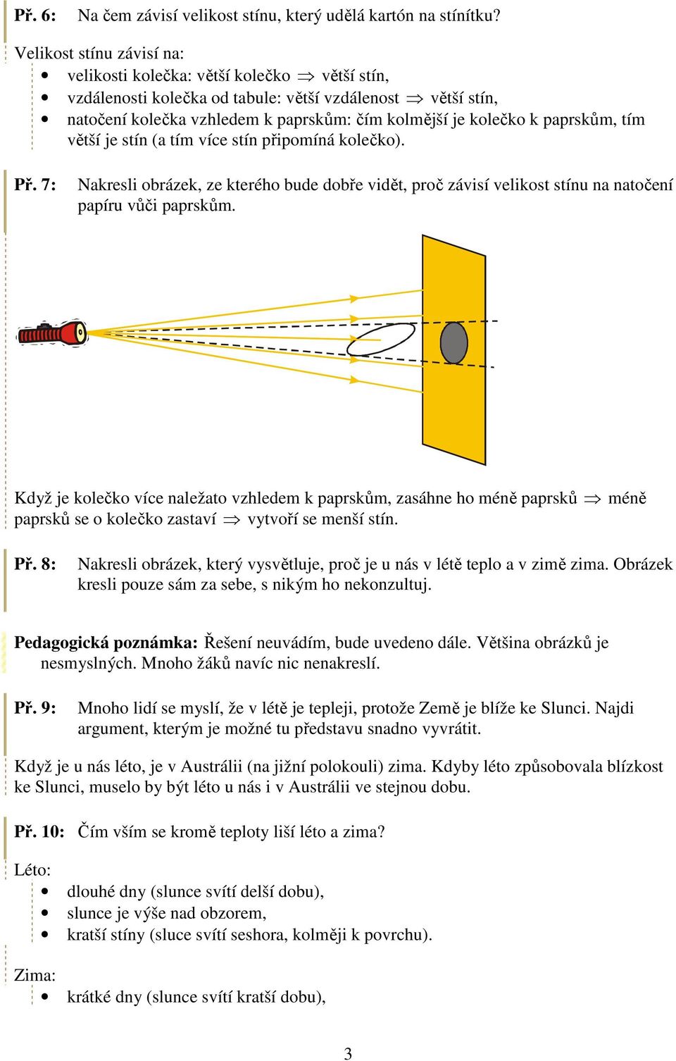 paprskům, tím větší je stín (a tím více stín připomíná kolečko). Př. 7: Nakresli obrázek, ze kterého bude dobře vidět, proč závisí velikost stínu na natočení papíru vůči paprskům.