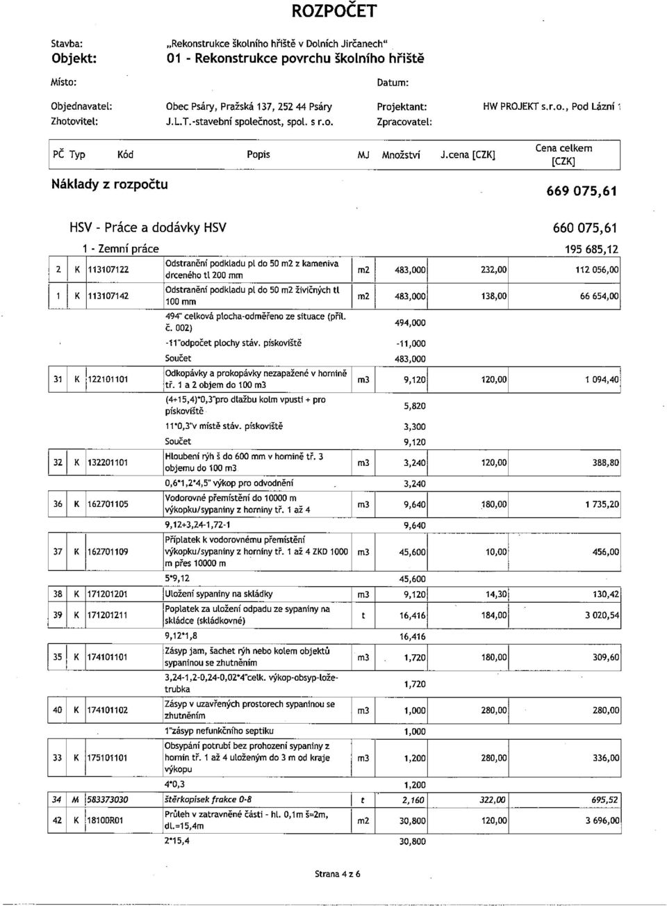 .T.-stavební spoečnost, spo. s r.o. Zpracovate: ~ PČ Typ K6d Popis MJ Množství J.