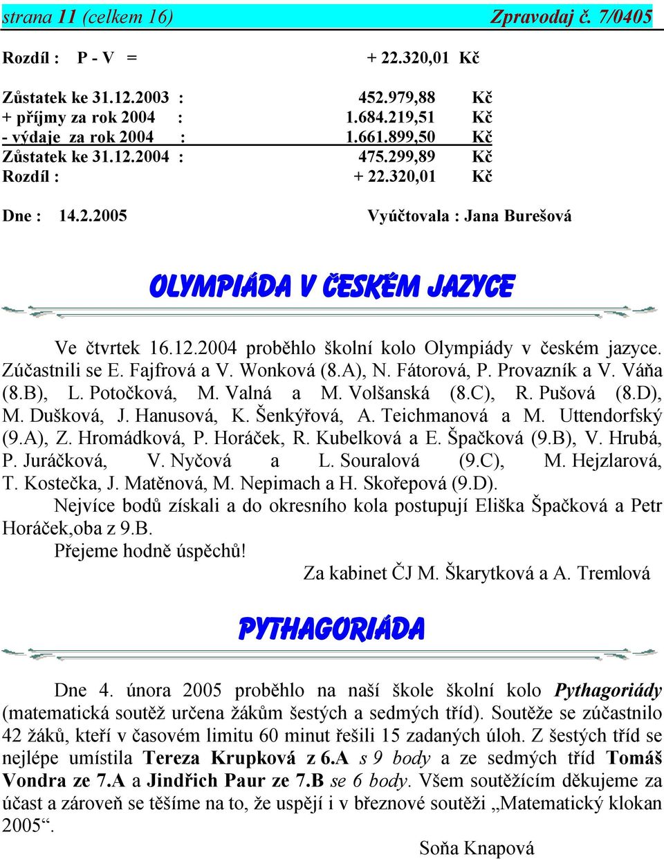 Zúčastnili se E. Fajfrová a V. Wonková (8.A), N. Fátorová, P. Provazník a V. Váňa (8.B), L. Potočková, M. Valná a M. Volšanská (8.C), R. Pušová (8.D), M. Dušková, J. Hanusová, K. Šenkýřová, A.