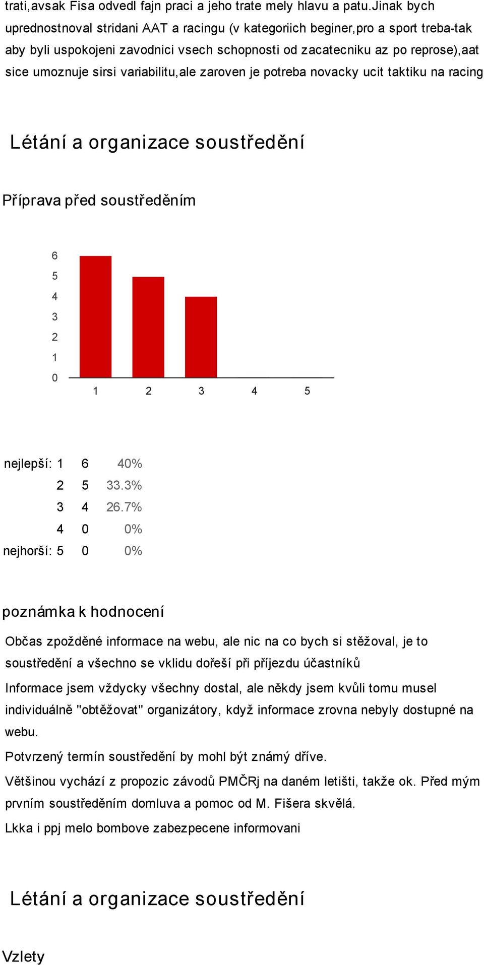 variabilitu,ale zaroven je potreba novacky ucit taktiku na racing Létání a organizace soustředění Příprava před soustředěním 6 5 4 3 2 1 nejlepší: 1 6 4% 2 5 33.3% 3 4 26.