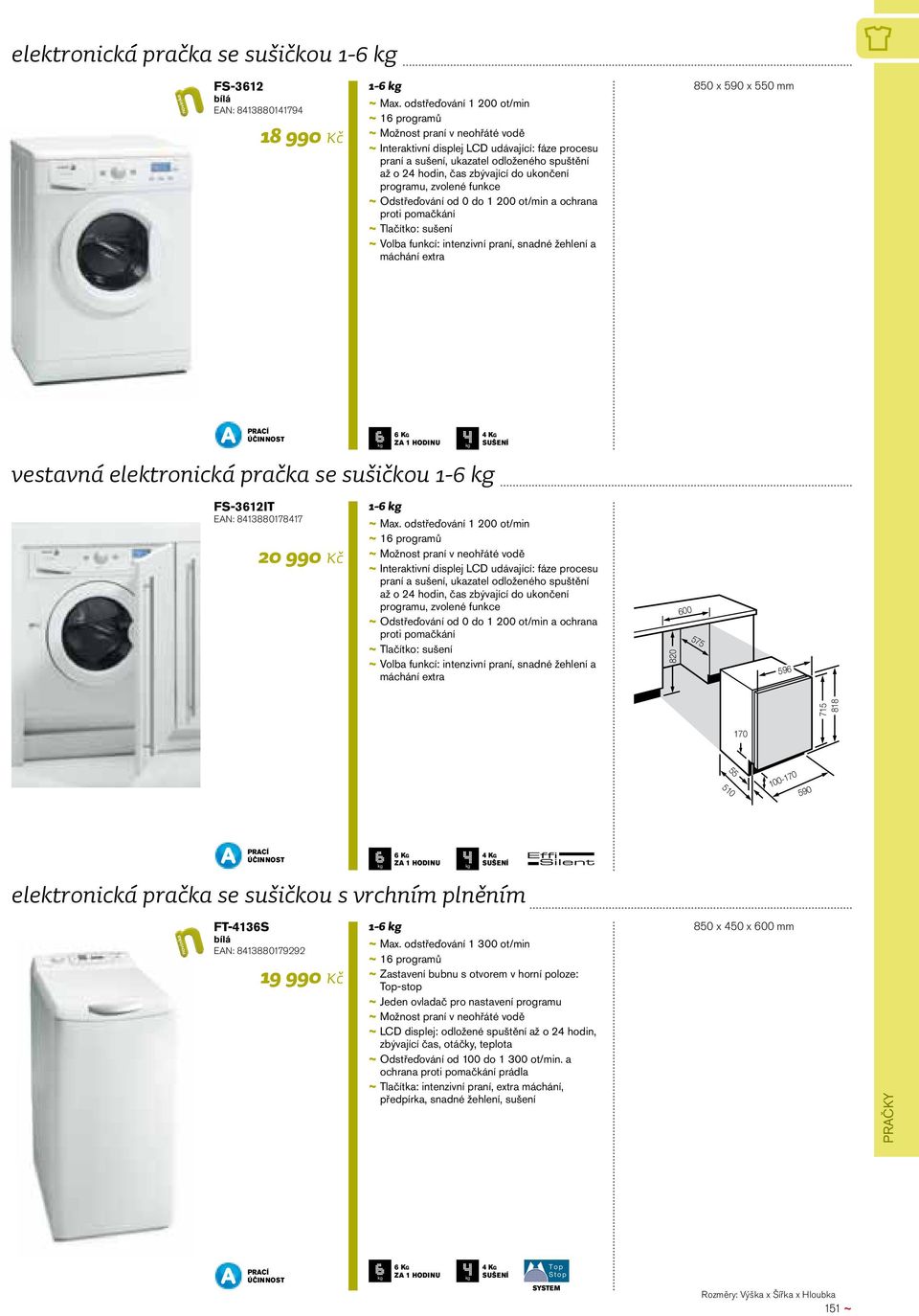 funkce ~ ~ Odstřeďování od 0 do 1 200 ot/min a ochrana proti pomačkání ~ ~ Tlačítko: sušení ~ ~ Volba funkcí: intenzivní praní, snadné žehlení a máchání extra 850 x 590 x 550 mm vestavná elektronická