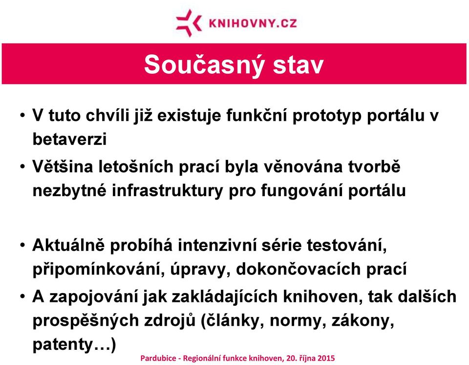 Aktuálně probíhá intenzivní série testování, připomínkování, úpravy, dokončovacích prací A