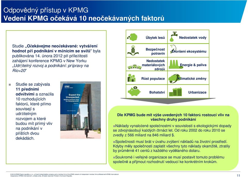 Zhoršení ekosystému Energie & paliva Studie se zabývala 11 předními odvětvími a označila 10 rozhodujících faktorů, které přímo souvisejí s udržitelným rozvojem a které budou mít přímý vliv na