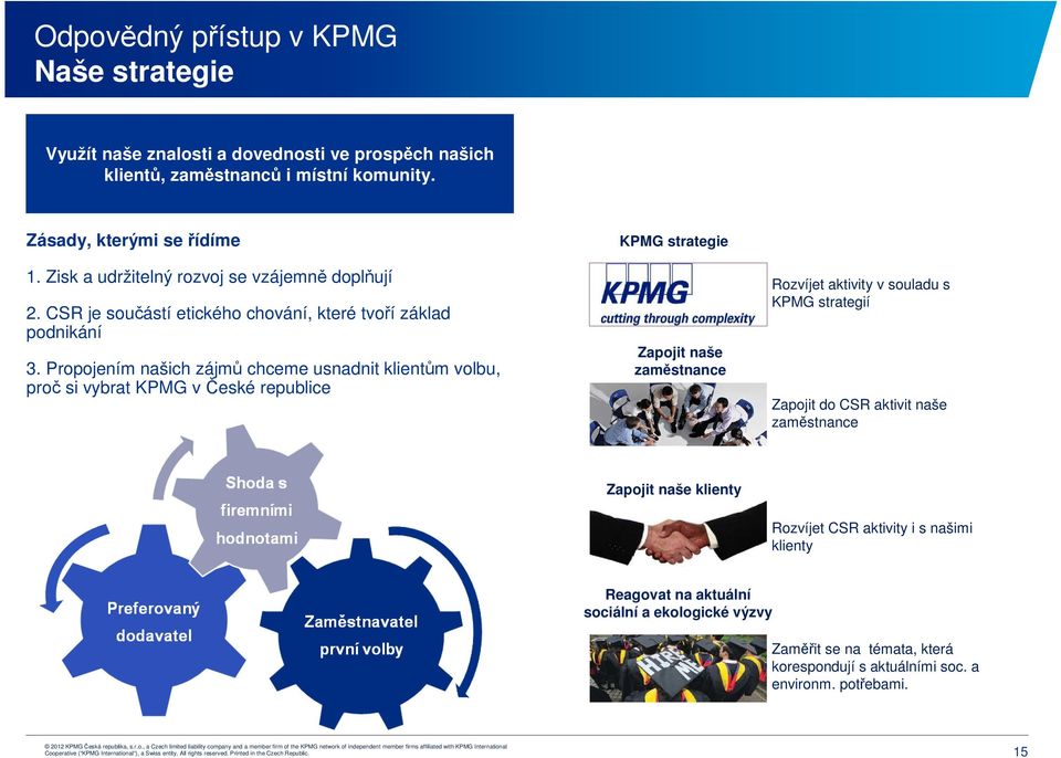 Propojením našich zájmů chceme usnadnit klientům volbu, proč si vybrat KPMG v České republice KPMG strategie Zapojit naše zaměstnance Rozvíjet aktivity v souladu s KPMG