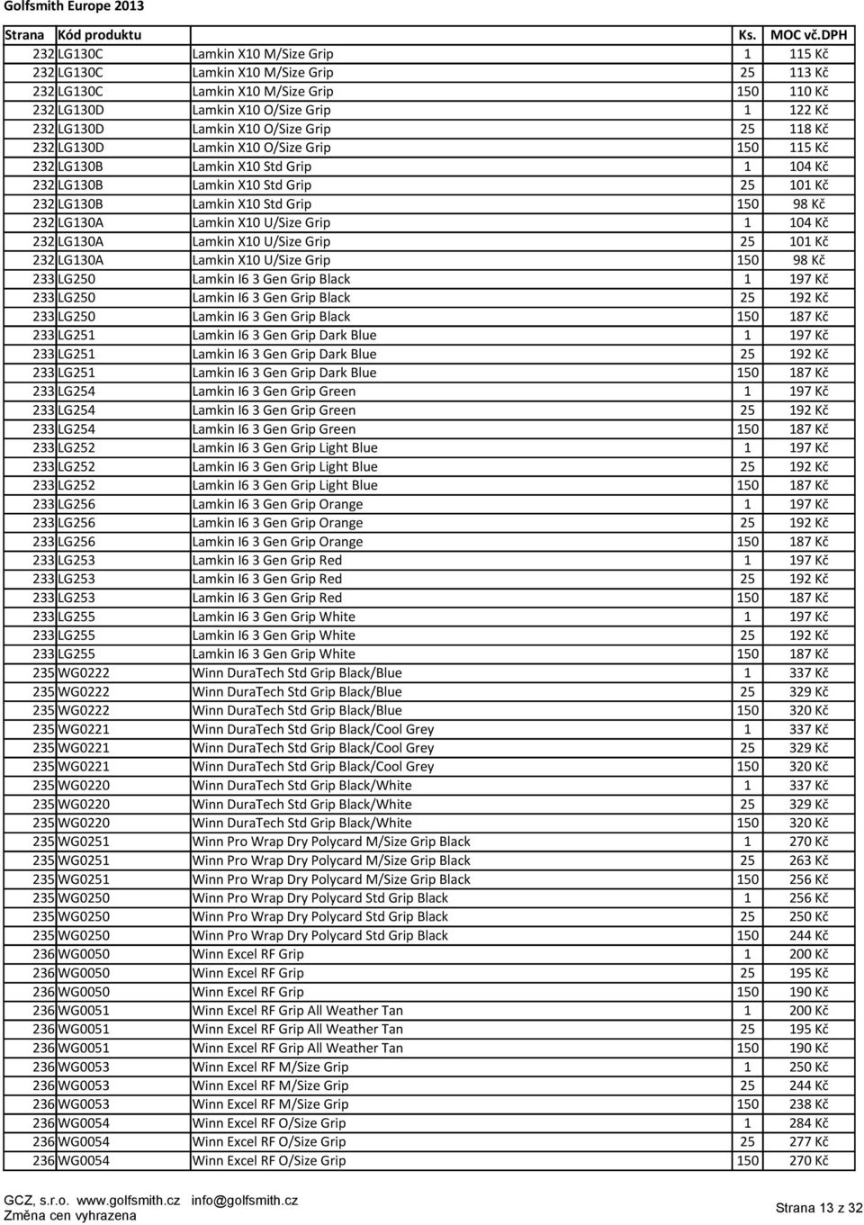 Lamkin X10 U/Size Grip 1 104 Kč 232 LG130A Lamkin X10 U/Size Grip 25 101 Kč 232 LG130A Lamkin X10 U/Size Grip 150 98 Kč 233 LG250 Lamkin I6 3 Gen Grip Black 1 197 Kč 233 LG250 Lamkin I6 3 Gen Grip
