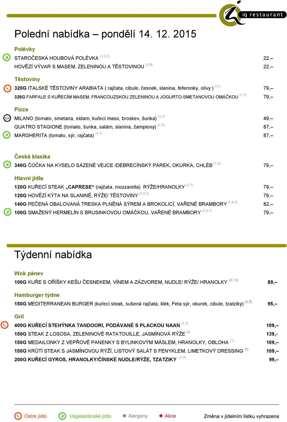olivy ) (1,) 79, 320G FARFALE S KUŘECÍM MASEM, FRANCOUZSKOU ZELENINOU A JOGURTO-SMETANOVOU OMÁČKOU (1,7) 79, MILANO (tomato, smetana, eidam, kuřecí maso, broskev, šunka) (1,7) 49, QUATRO STAGIONE