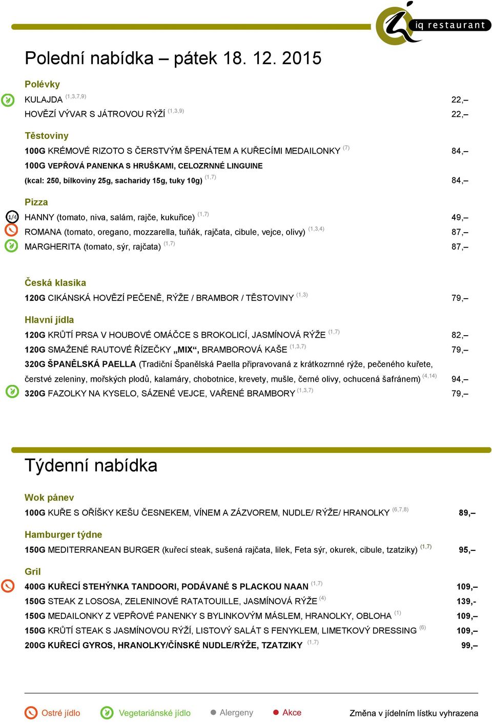 LINGUINE (kcal: 250, bílkoviny 25g, sacharidy 15g, tuky 10g) (1,7) 84, HANNY (tomato, niva, salám, rajče, kukuřice) (1,7) 49, ROMANA (tomato, oregano, mozzarella, tuňák, rajčata, cibule, vejce,