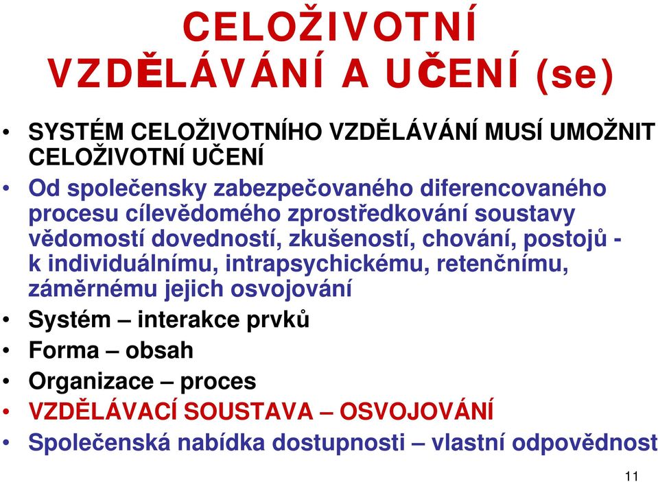 chování, postojů - k individuálnímu, intrapsychickému, retenčnímu, záměrnému jejich osvojování Systém interakce