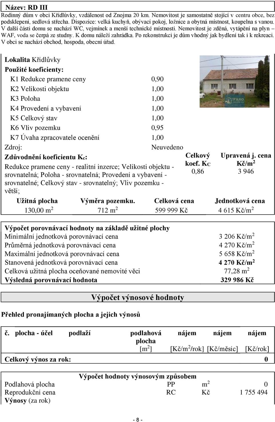 Nemovitost je zděná, vytápění na plyn WAF, voda se čerpá ze studny. K domu náleží zahrádka. Po rekonstrukci je dům vhodný jak bydlení tak i k rekreaci. V obci se nachází obchod, hospoda, obecní úřad.