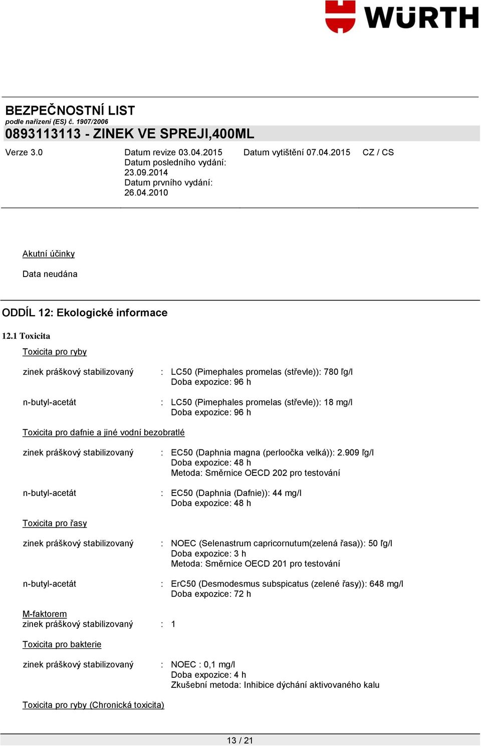 expozice: 96 h Toxicita pro dafnie a jiné vodní bezobratlé zinek práškový stabilizovaný n-butyl-acetát : EC50 (Daphnia magna (perloočka velká)): 2.