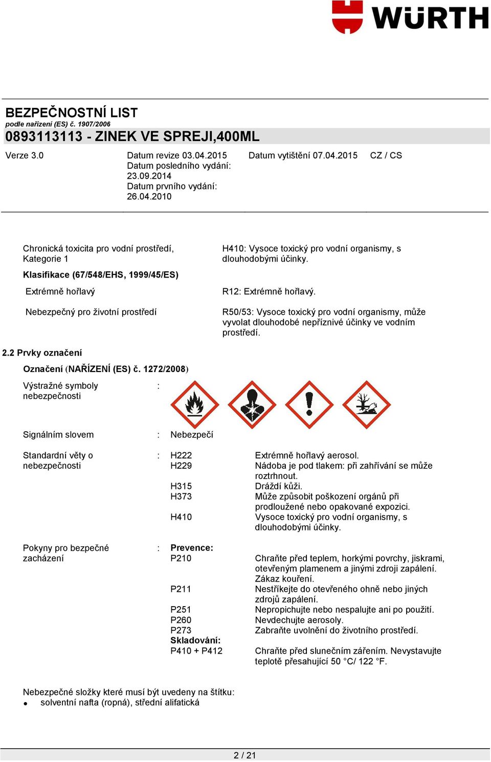 1272/2008) Výstraţné symboly nebezpečnosti : Signálním slovem : Nebezpečí Standardní věty o nebezpečnosti : H222 Extrémně hořlavý aerosol. H229 Nádoba je pod tlakem: při zahřívání se můţe roztrhnout.