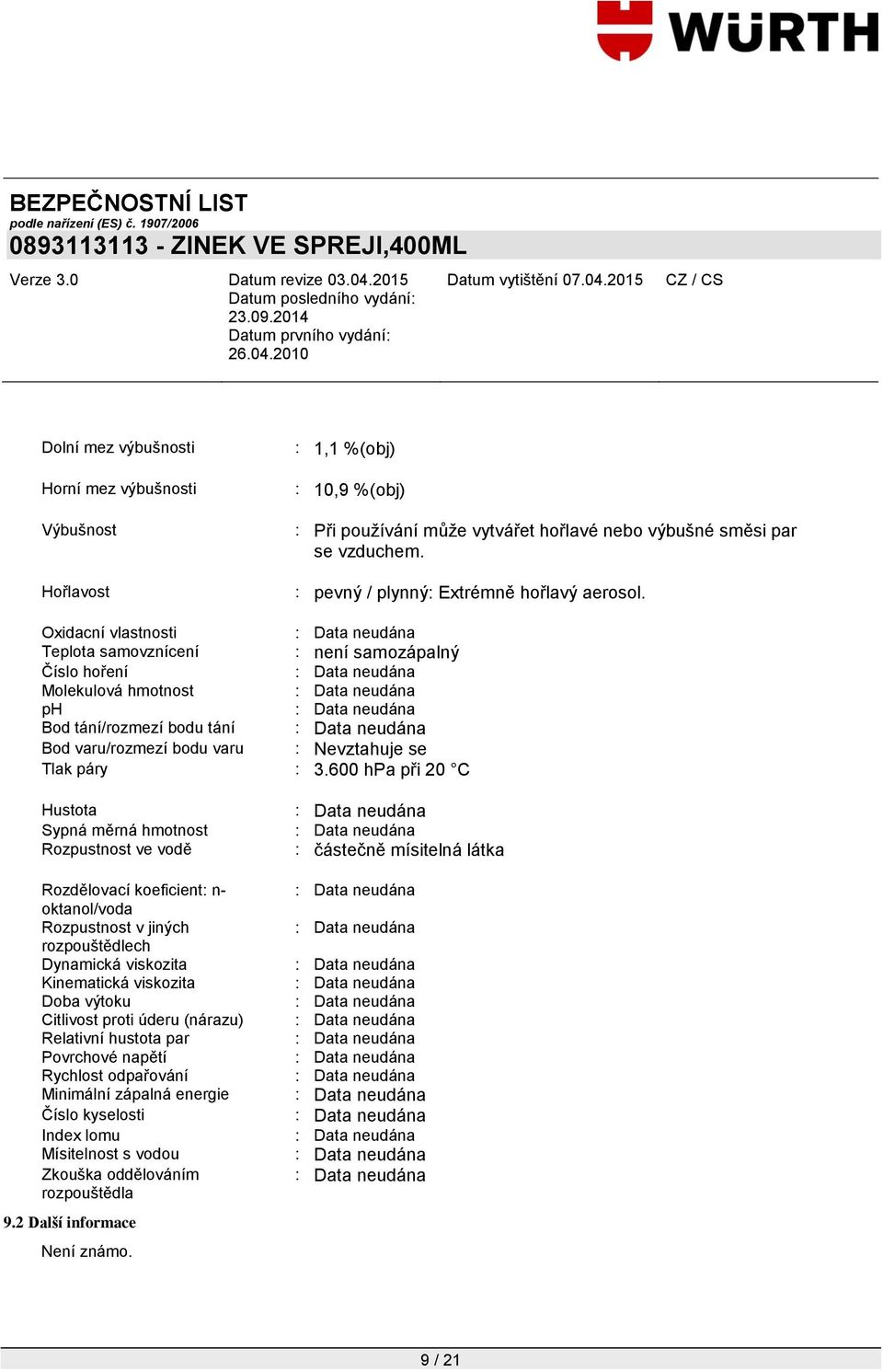 Oxidacní vlastnosti Teplota samovznícení : není samozápalný Číslo hoření Molekulová hmotnost ph Bod tání/rozmezí bodu tání Bod varu/rozmezí bodu varu : Nevztahuje se Tlak páry : 3.