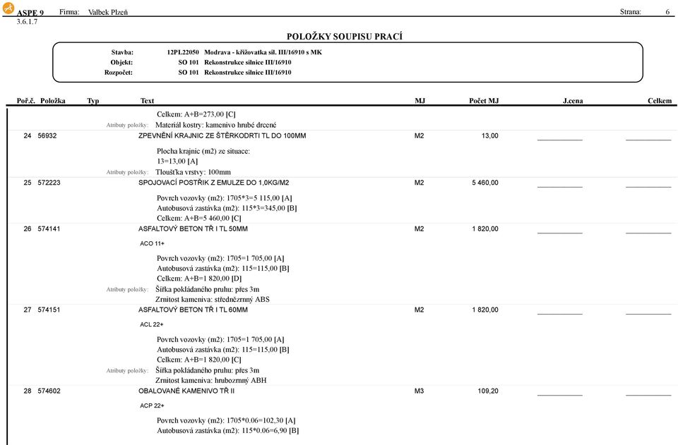 1705*3=5 115,00 [A] Autobusová zastávka (m2): 115*3=345,00 [B] Celkem: A+B=5 460,00 [C] 26 574141 ASFALTOVÝ BETON TŘ I TL 50MM M2 1 820,00 ACO 11+ Povrch vozovky (m2): 1705=1 705,00 [A] Autobusová