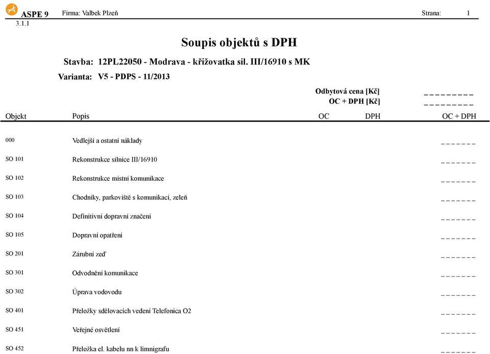 000 Vedlejší a ostatní náklady _ SO 101 Rekonstrukce silnice III/16910 _ SO 102 Rekonstrukce místní komunikace _ SO 103 Chodníky, parkoviště s