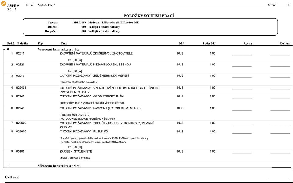 DOKUMENTACE SKUTEČNÉHO KUS 1,00 PROVEDENÍ STAVBY 5 02945 OSTATNÍ POŽADAVKY - GEOMETRICKÝ PLÁN KUS 1,00 geometrický plán k vymezení rozsahu věcných břemen 6 02946 OSTATNÍ POŽADAVKY - PASPORT