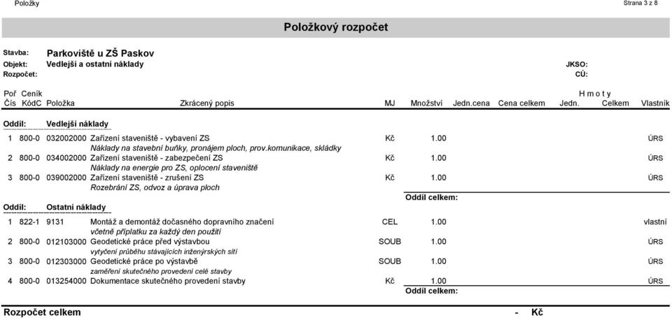 00 ÚRS Náklady na energie pro ZS, oplocení staveniště 3 800-0 039002000 Zařízení staveniště - zrušení ZS Kč 1.