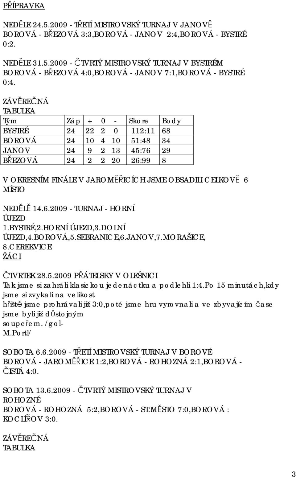 CELKOVĚ 6 MÍSTO NEDĚLĚ 14.6.2009 - TURNAJ - HORNÍ ÚJEZD 1.BYSTRÉ,2.HORNÍ ÚJEZD,3.DOLNÍ ÚJEZD,4.BOROVÁ,5.SEBRANICE,6.JANOV,7.MORAŠICE, 8.CEREKVICE ŽÁCI ČTVRTEK 28.5.2009 PŘÁTELSKY V OLEŠNICI Tak jsme si zahráli klasickou jedenáctku a podlehli 1:4.