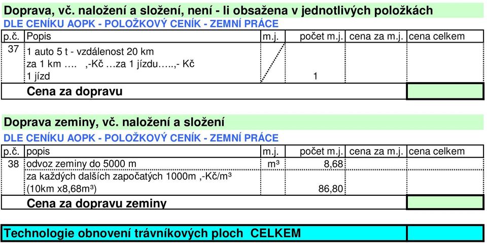 Popis 37 1 auto 5 t - vzdálenost 20 km za 1 km.,-kč za 1 jízdu..,- Kč 1 jízd 1 Cena za dopravu Doprava zeminy, vč.