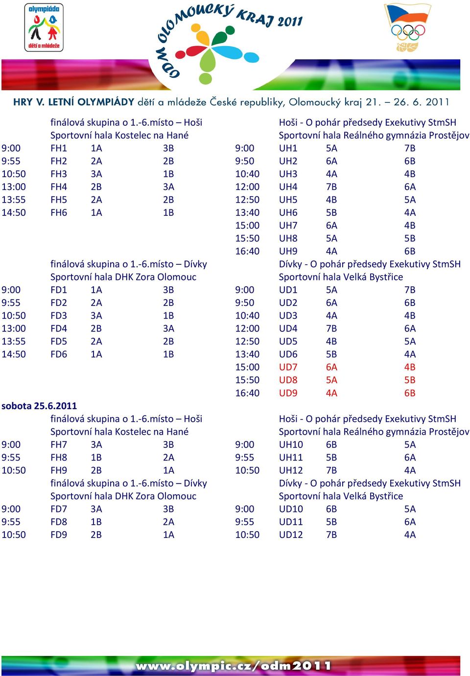 UH5 4B 5A 14:50 FH6 1A 1B 13:40 UH6 5B 4A 15:00 UH7 6A 4B 15:50 UH8 5A 5B 16:40 UH9 4A 6B místo Dívky 9:00 FD1 1A 3B 9:00 UD1 5A 7B 9:55 FD2 2A 2B 9:50 UD2 6A 6B 10:50 FD3 3A 1B 10:40 UD3 4A 4B 13:00