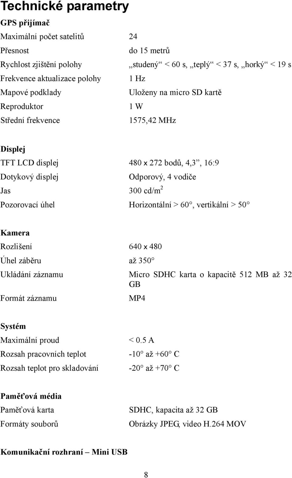 Horizontální > 60, vertikální > 50 Kamera Rozlišení 640 x 480 Úhel záběru až 350 Ukládání záznamu Micro SDHC karta o kapacitě 512 MB až 32 GB Formát záznamu MP4 Systém Maximální proud Rozsah