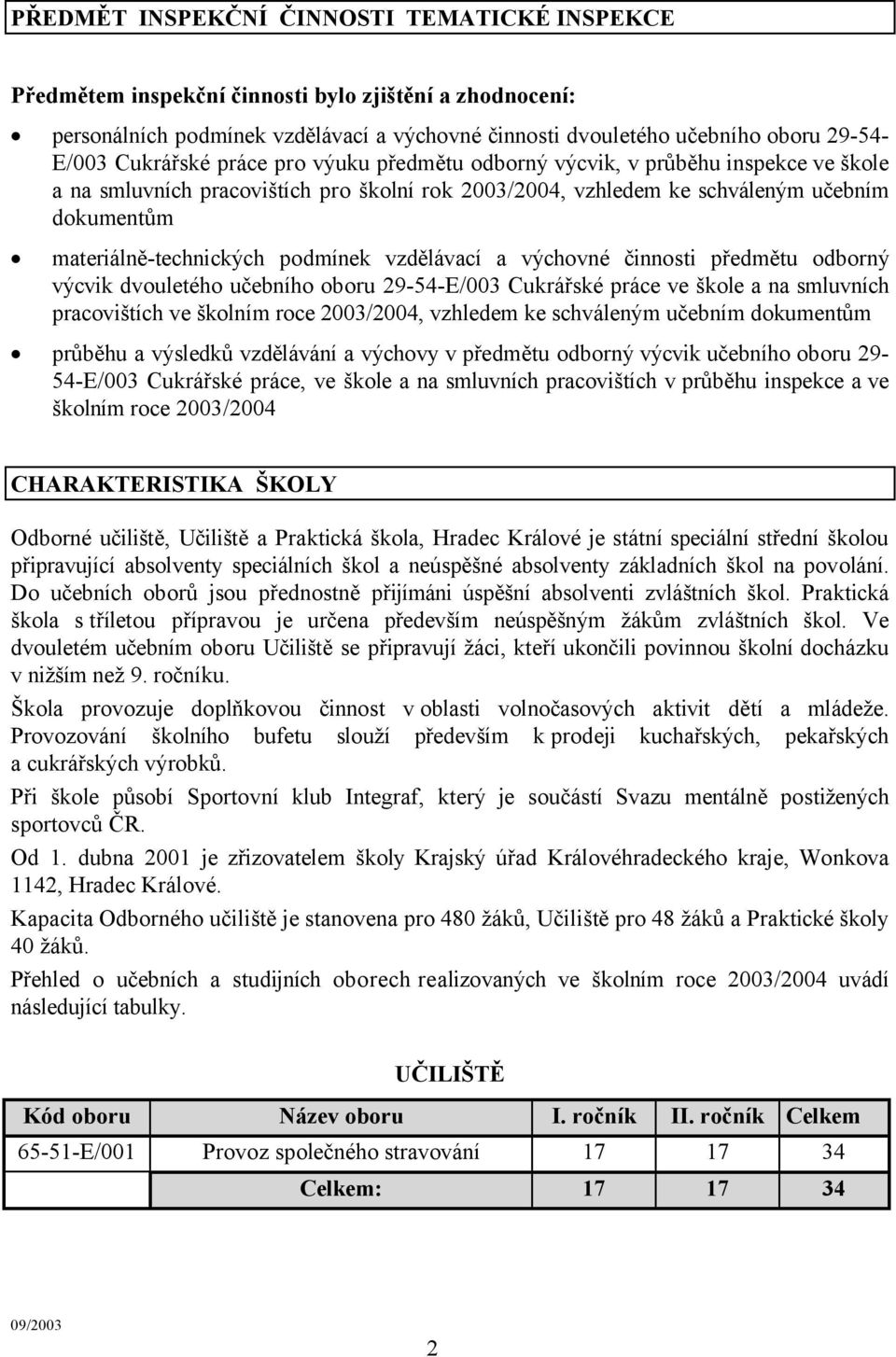 podmínek vzdělávací a výchovné činnosti předmětu odborný výcvik dvouletého učebního oboru 29-54-E/003 Cukrářské práce ve škole a na smluvních pracovištích ve školním roce 2003/2004, vzhledem ke