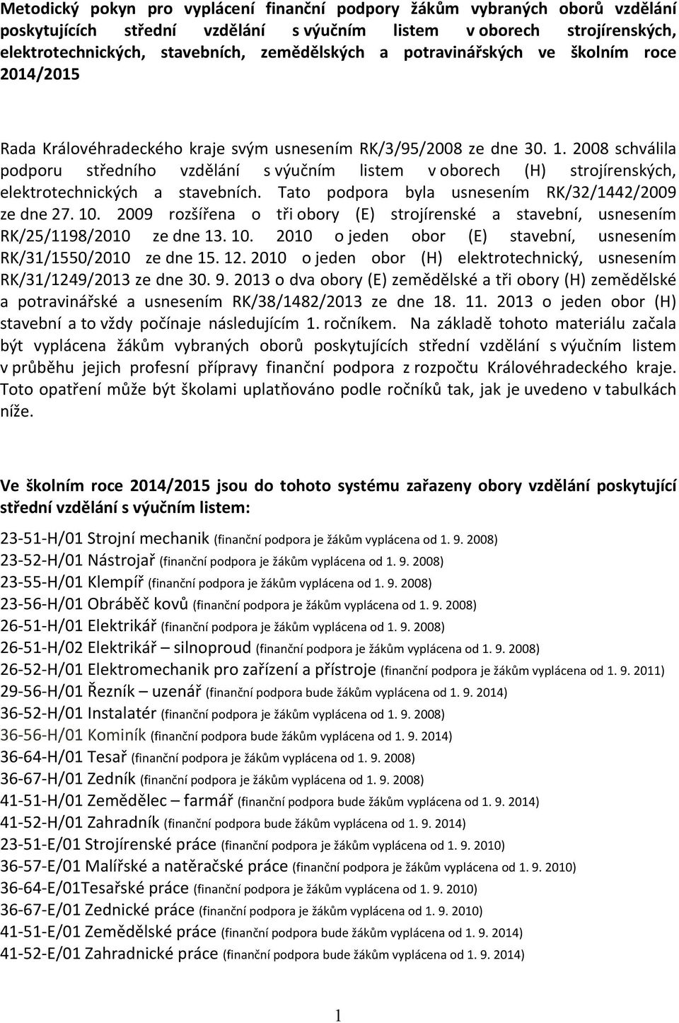 2008 schválila podporu středního vzdělání s výučním listem v oborech (H) strojírenských, elektrotechnických a stavebních. Tato podpora byla usnesením RK/32/1442/2009 ze dne 27. 10.