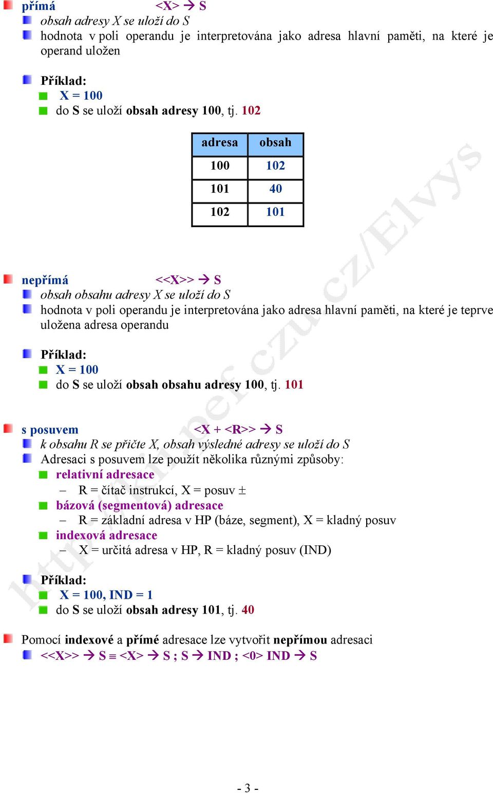 operandu X = 100 do S se uloží obsah obsahu adresy 100, tj.