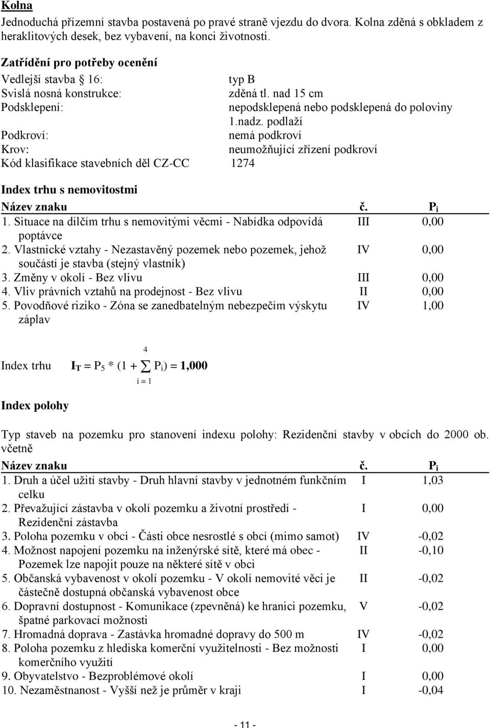 podlaží Podkroví: nemá podkroví Krov: neumožňující zřízení podkroví Kód klasifikace stavebních děl CZ-CC 1274 Index trhu s nemovitostmi 1.