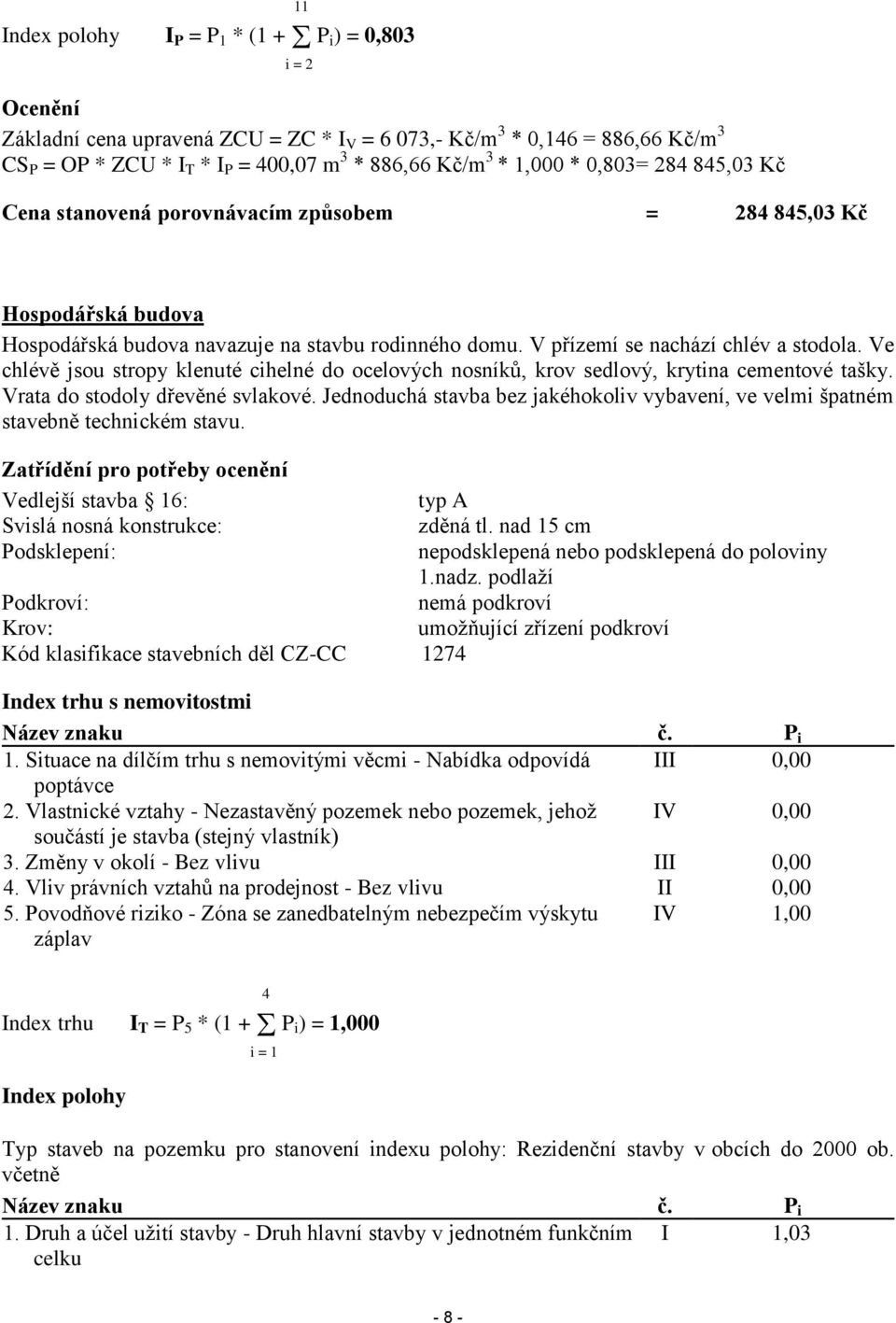 Ve chlévě jsou stropy klenuté cihelné do ocelových nosníků, krov sedlový, krytina cementové tašky. Vrata do stodoly dřevěné svlakové.