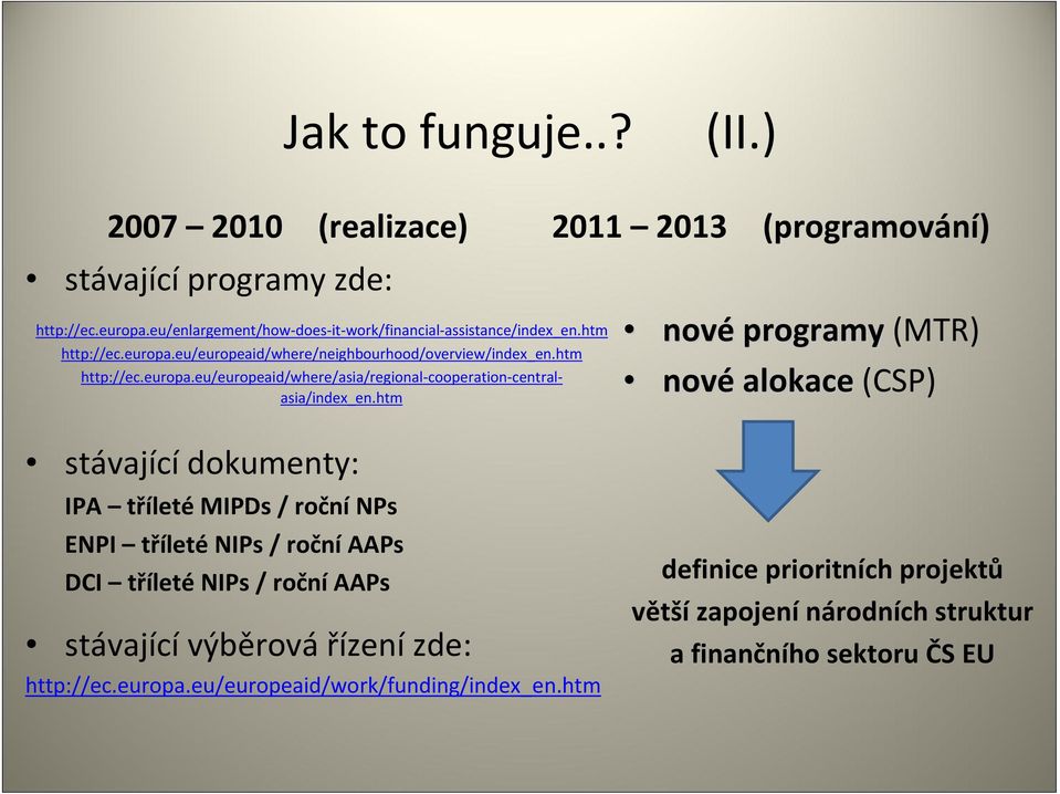 htm 2011 2013 (programování) nové programy (MTR) nové alokace (CSP) stávající dokumenty: IPA tříleté MIPDs / roční NPs ENPI tříleté NIPs / roční AAPs DCI tříleté NIPs