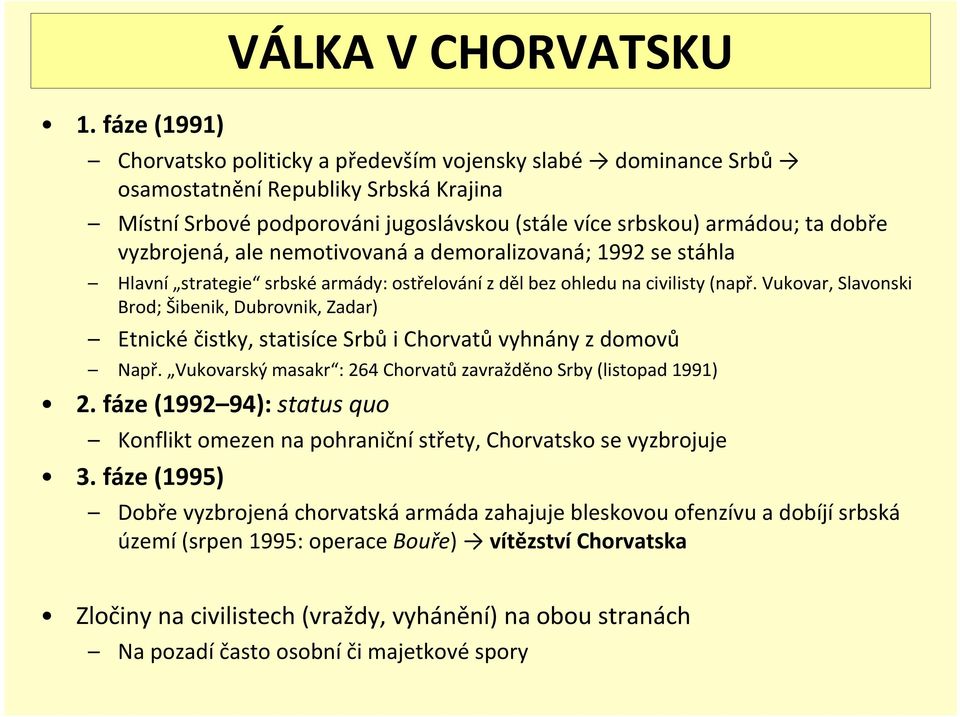 Vukovar, Slavonski Brod; Šibenik, Dubrovnik, Zadar) Etnické čistky, statisíce Srbů i Chorvatů vyhnány z domovů Např. Vukovarský masakr : 264 Chorvatů zavražděno Srby (listopad 1991) 2.