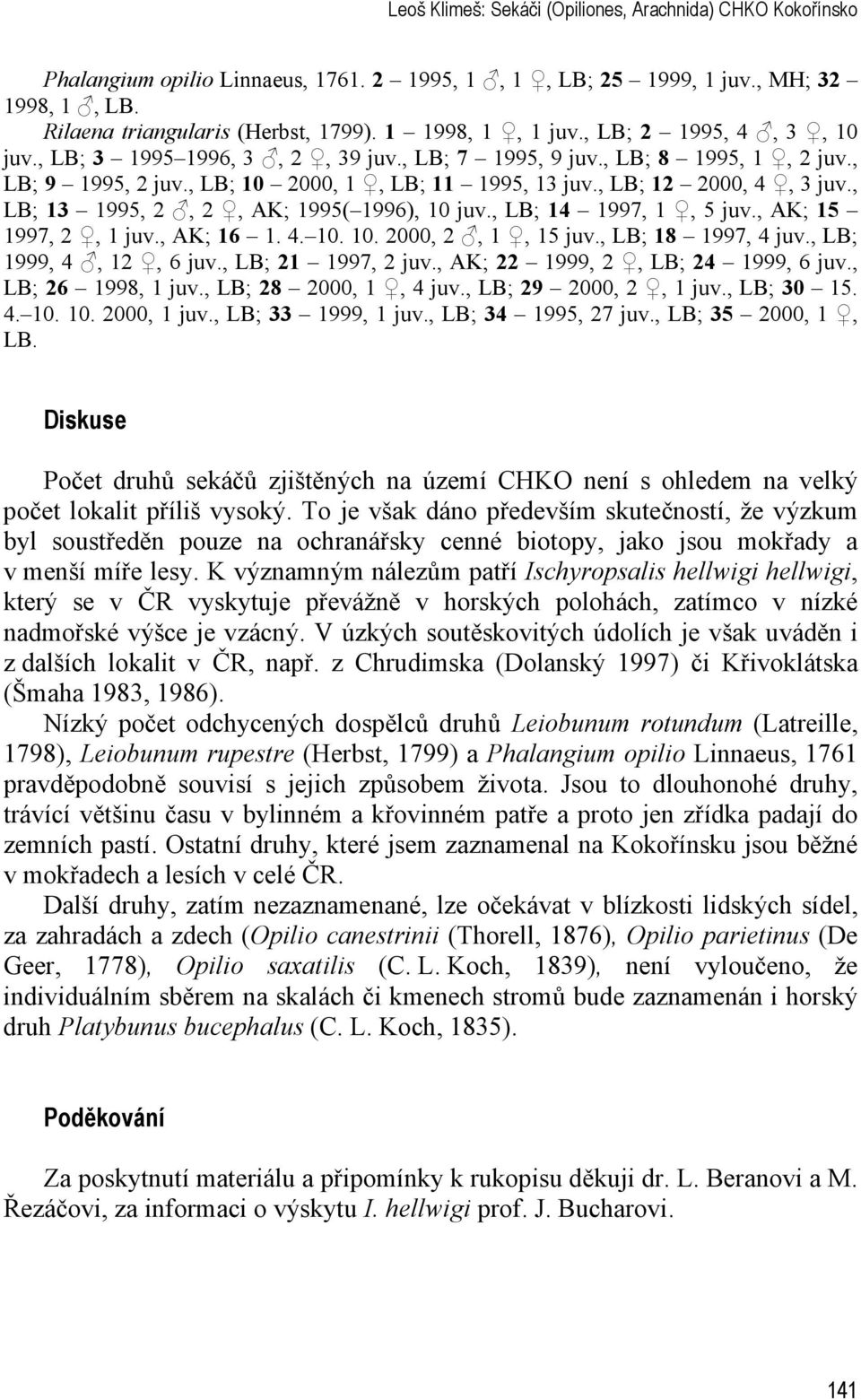 , LB; 12 2000, 4, 3 juv., LB; 13 1995, 2, 2, AK; 1995( 1996), 10 juv., LB; 14 1997, 1, 5 juv., AK; 15 1997, 2, 1 juv., AK; 16 1. 4. 10. 10. 2000, 2, 1, 15 juv., LB; 18 1997, 4 juv.