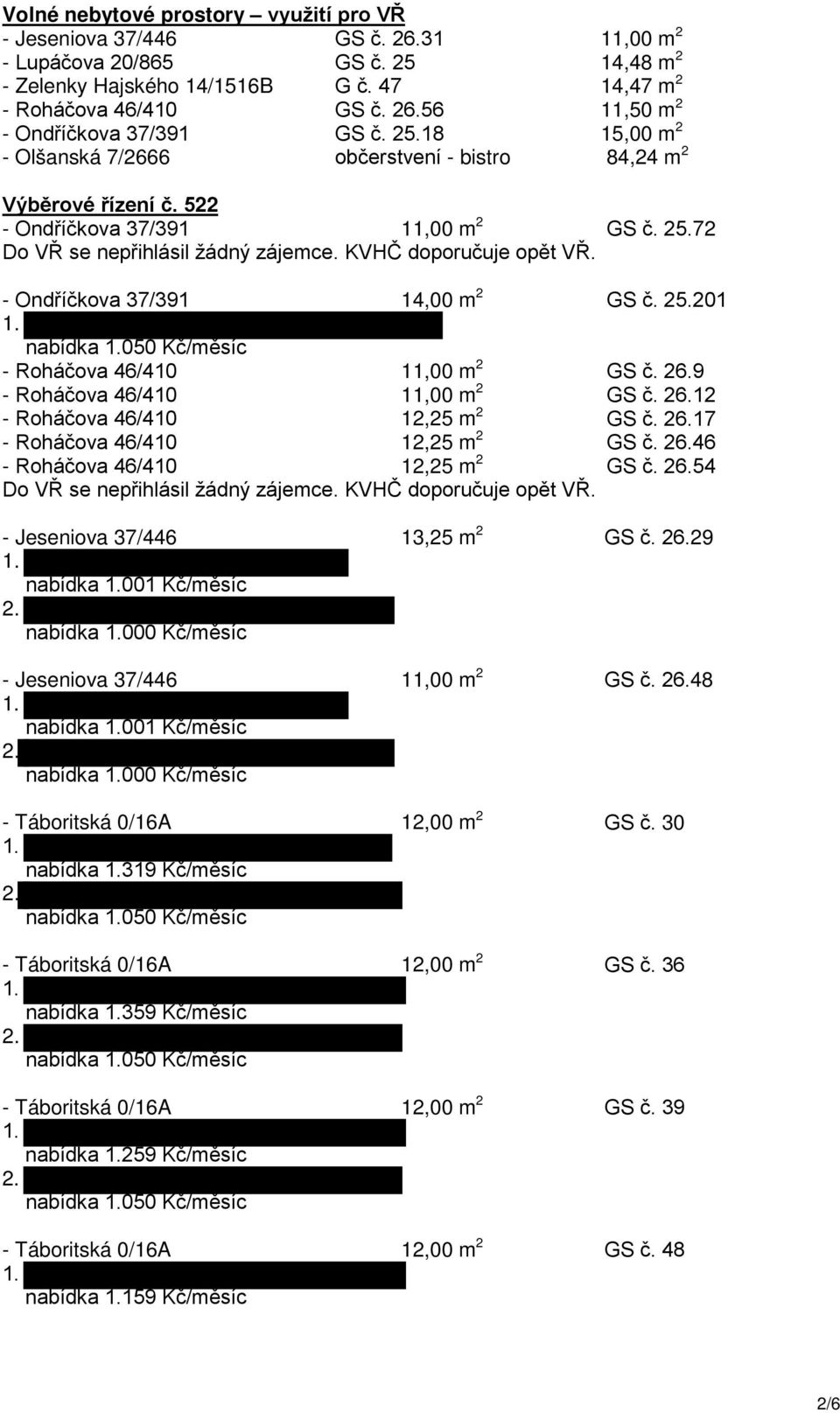 - Ondříčkova 37/391 14,00 m 2 GS č. 25.201 nabídka 050 Kč/měsíc - Roháčova 46/410 11,00 m 2 GS č. 26.9 - Roháčova 46/410 11,00 m 2 GS č. 26.12 - Roháčova 46/410 12,25 m 2 GS č. 26.17 - Roháčova 46/410 12,25 m 2 GS č.