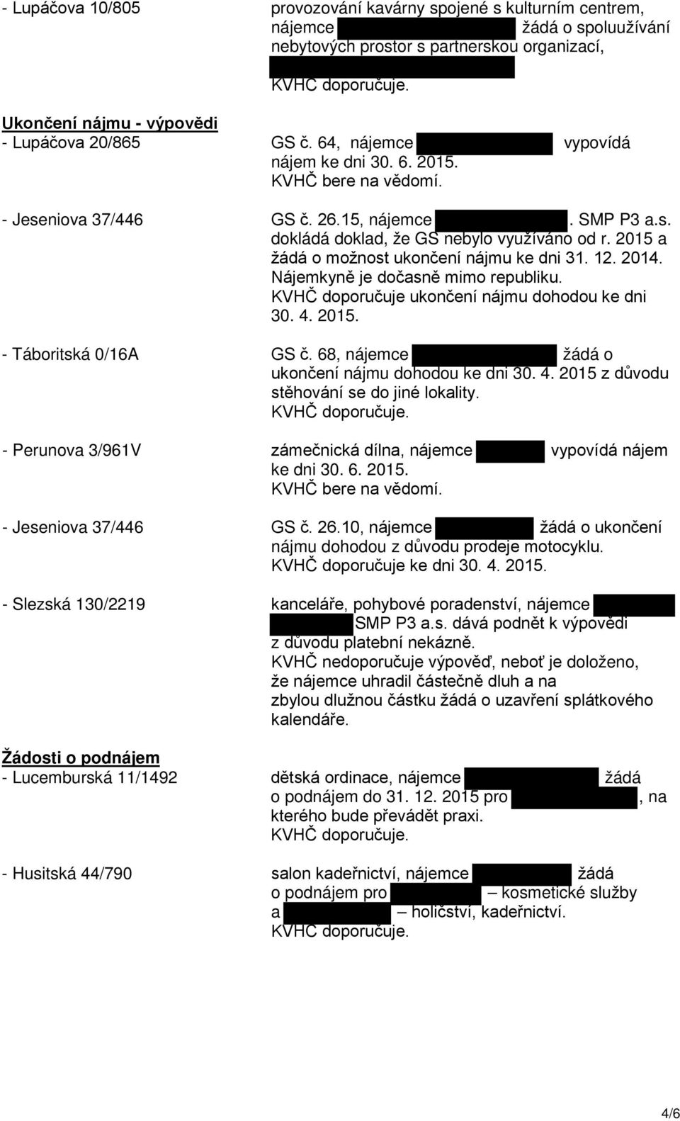 Nájemkyně je dočasně mimo republiku. KVHČ doporučuje ukončení nájmu dohodou ke dni 30. 4. 2015. - Táboritská 0/16A GS č. 68, nájemce žádá o ukončení nájmu dohodou ke dni 30. 4. 2015 z důvodu stěhování se do jiné lokality.