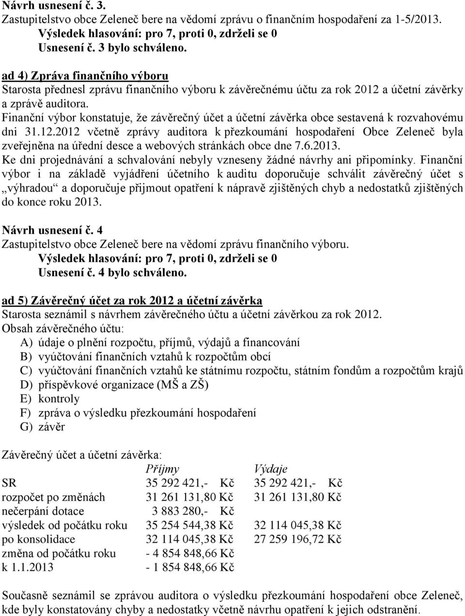 Finanční výbor konstatuje, že závěrečný účet a účetní závěrka obce sestavená k rozvahovému dni 31.12.