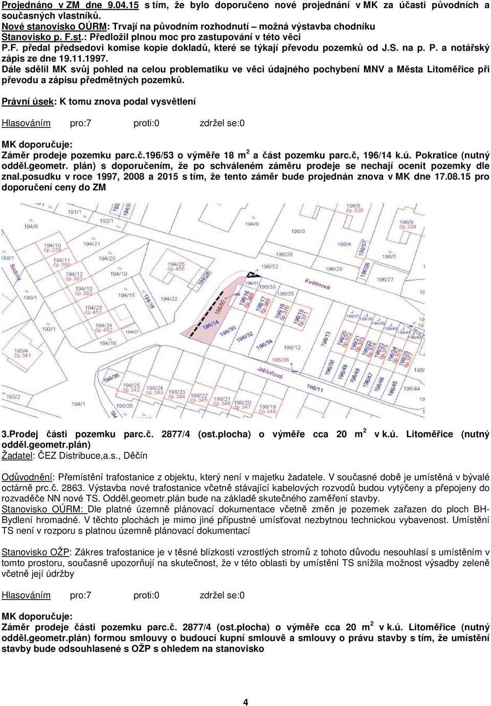 S. na p. P. a notářský zápis ze dne 19.11.1997. Dále sdělil MK svůj pohled na celou problematiku ve věci údajného pochybení MNV a Města Litoměřice při převodu a zápisu předmětných pozemků.