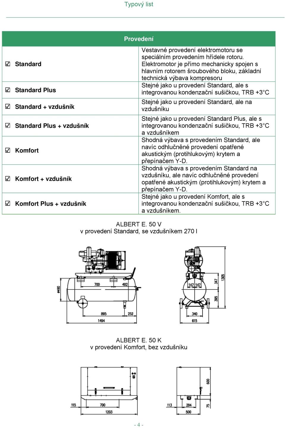 u Standard, ale na vzdušníku Stejné jako u Standard Plus, ale s integrovanou kondenzační sušičkou, TRB +3 C a vzdušníkem Shodná výbava s m Standard, ale navíc odhlučněné opatřené akustickým