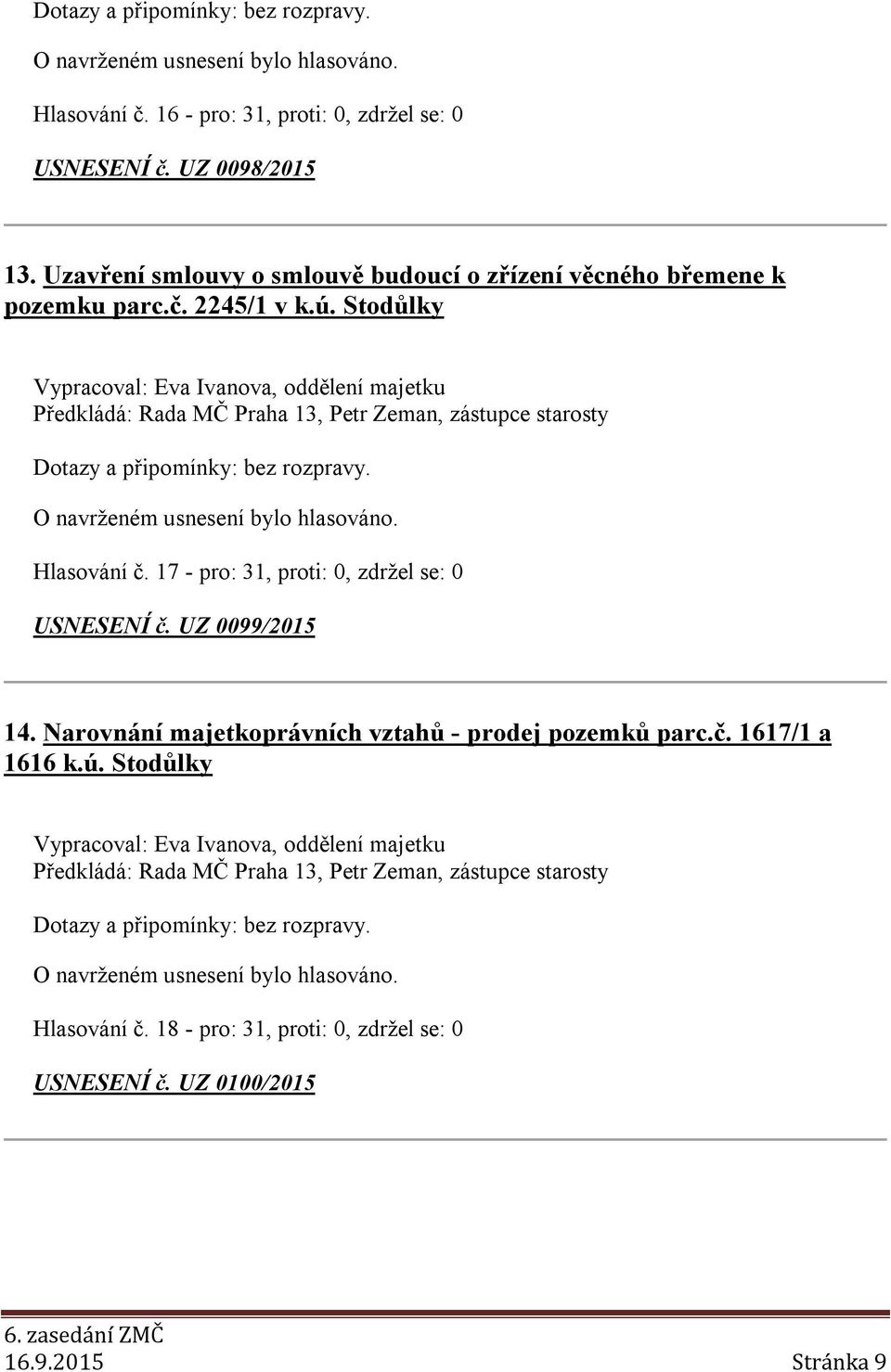 17 - pro: 31, proti: 0, zdržel se: 0 USNESENÍ č. UZ 0099/2015 14. Narovnání majetkoprávních vztahů - prodej pozemků parc.č. 1617/1 a 1616 k.