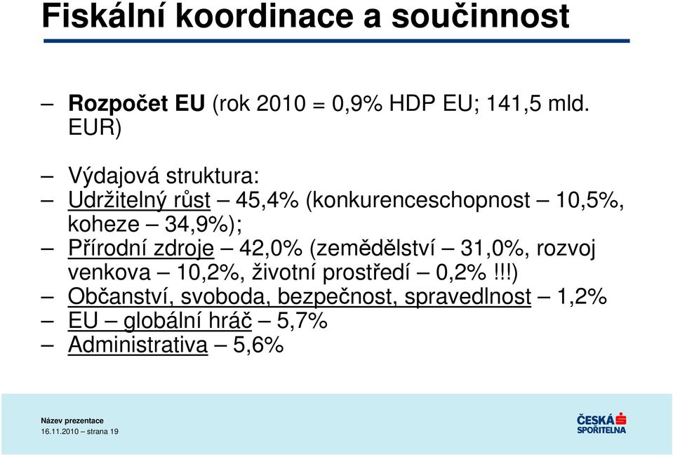 Přírodní zdroje 42,0% (zemědělství 31,0%, rozvoj venkova 10,2%, životní prostředí 0,2%!