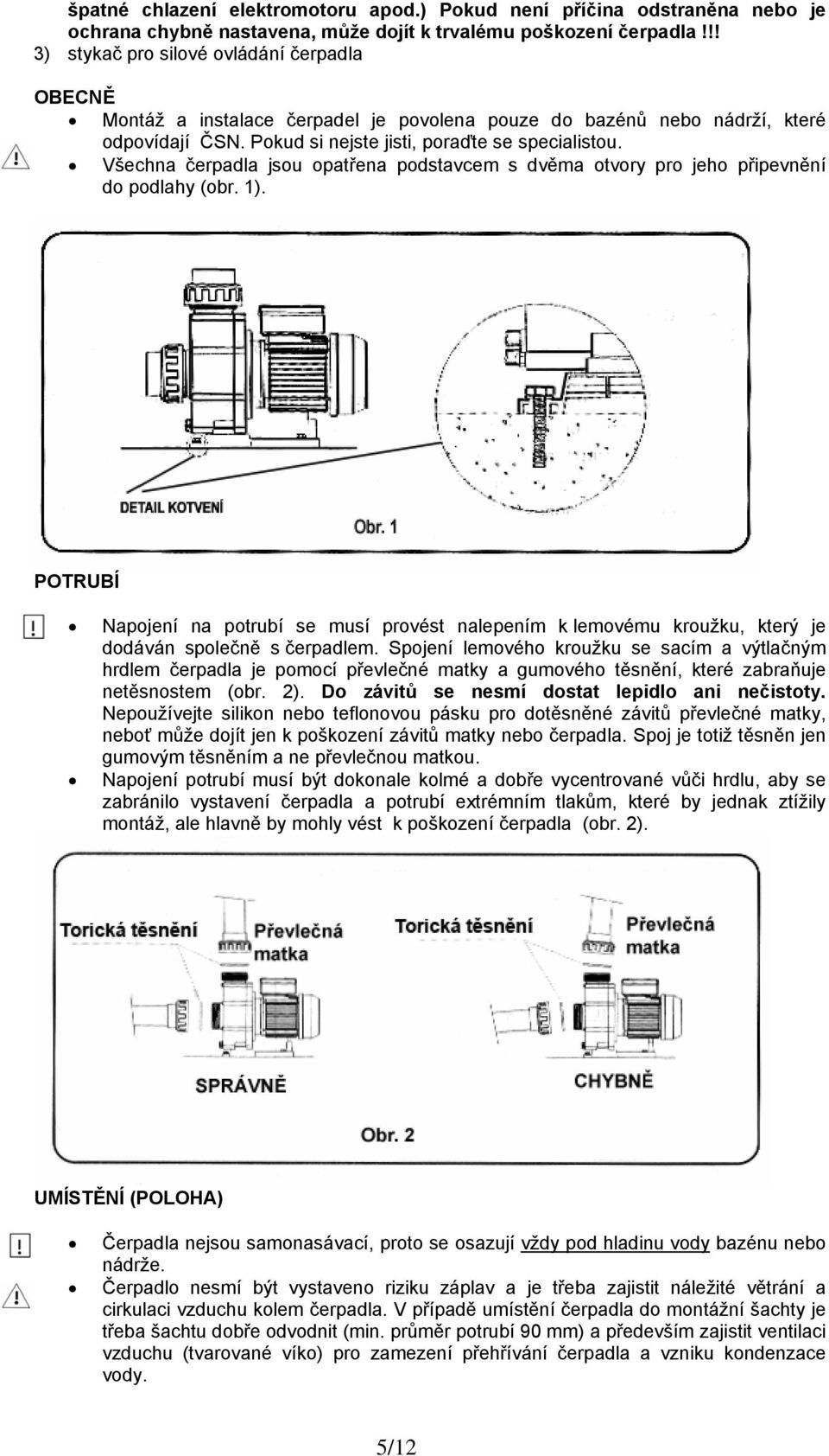 Všechna čerpadla jsou opatřena podstavcem s dvěma otvory pro jeho připevnění do podlahy (obr. 1).
