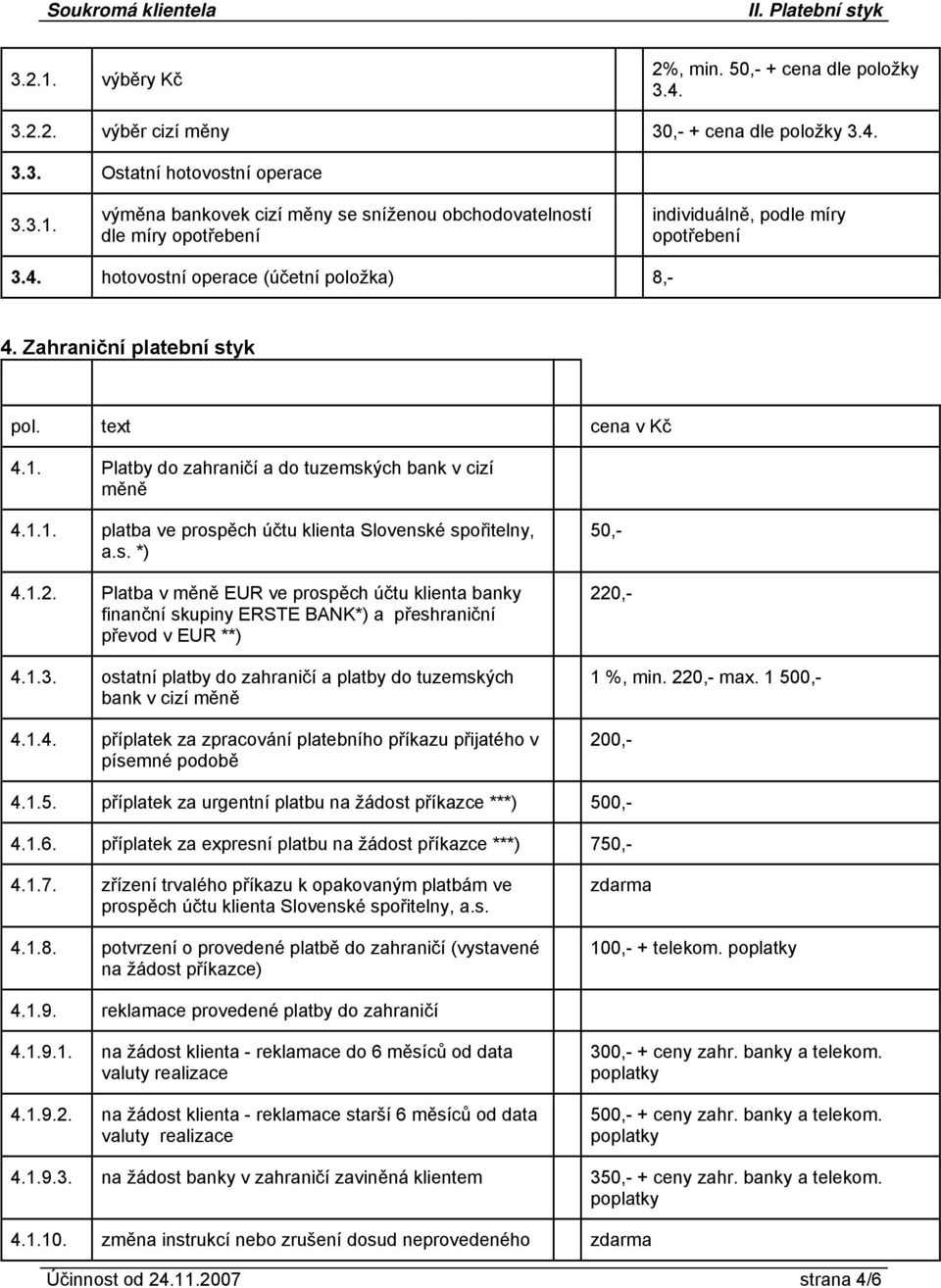 1.2. Platba v měně EUR ve prospěch účtu klienta banky finanční skupiny ERSTE BANK*) a přeshraniční převod v EUR **) 4.