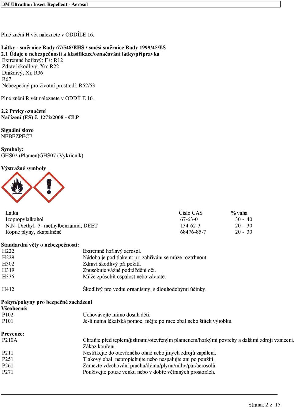 naleznete v ODDÍLE 16. 2.2 Prvky označení Nařízení (ES) č. 1272/2008 - CLP Signální slovo NEBEZPEČÍ!