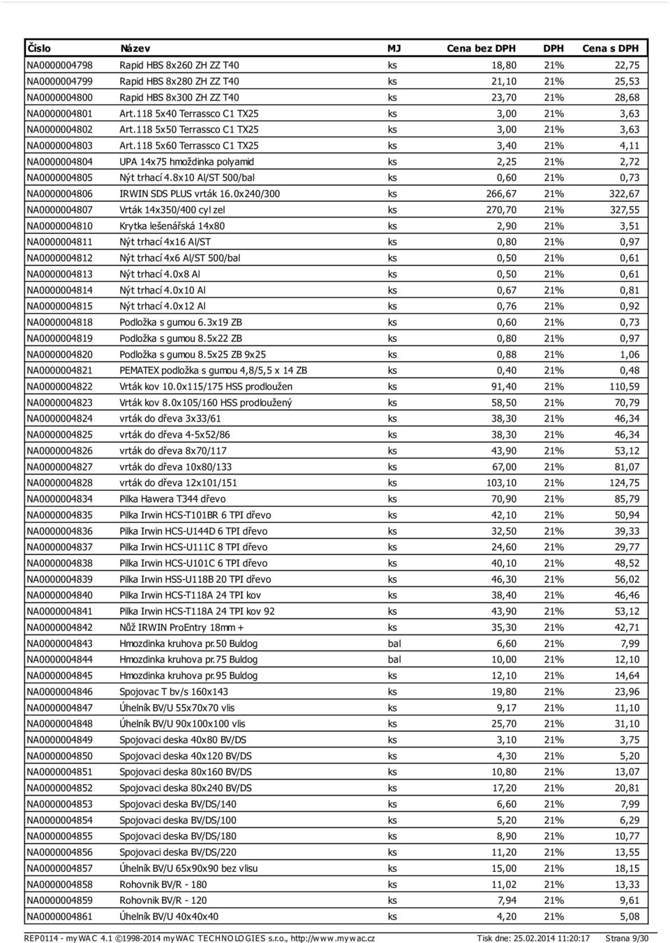 118 5x60 Terrassco C1 TX25 ks 3,40 21% 4,11 NA0000004804 UPA 14x75 hmoždinka polyamid ks 2,25 21% 2,72 NA0000004805 Nýt trhací 4.