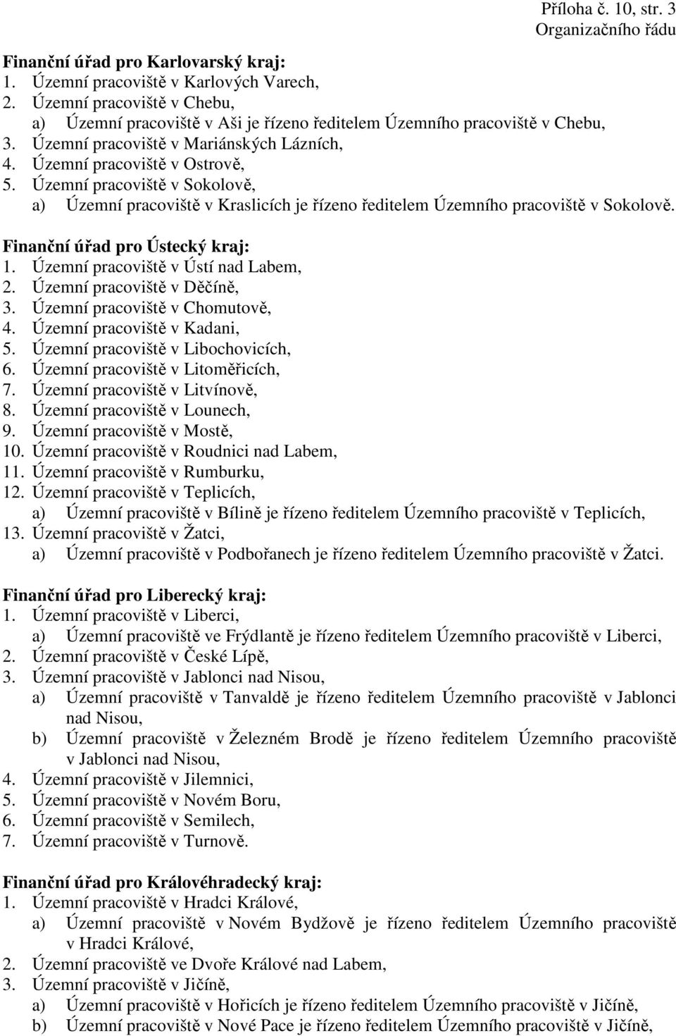 Územní pracoviště v Sokolově, a) Územní pracoviště v Kraslicích je řízeno ředitelem Územního pracoviště v Sokolově. Finanční úřad pro Ústecký kraj: 1. Územní pracoviště v Ústí nad Labem, 2.