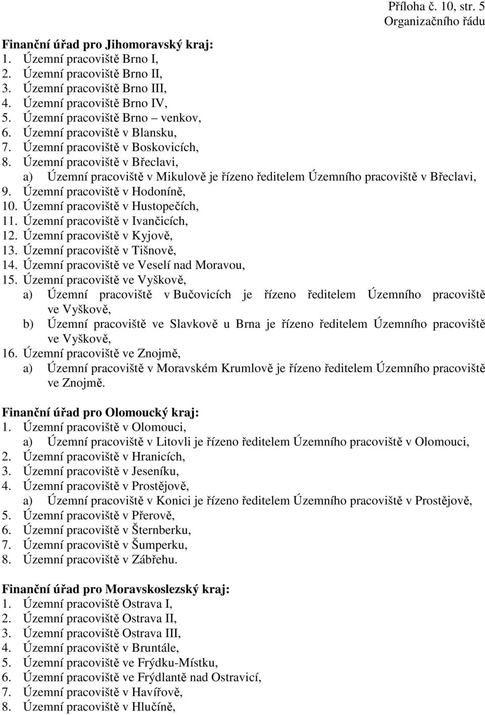 Územní pracoviště v Břeclavi, a) Územní pracoviště v Mikulově je řízeno ředitelem Územního pracoviště v Břeclavi, 9. Územní pracoviště v Hodoníně, 10. Územní pracoviště v Hustopečích, 11.