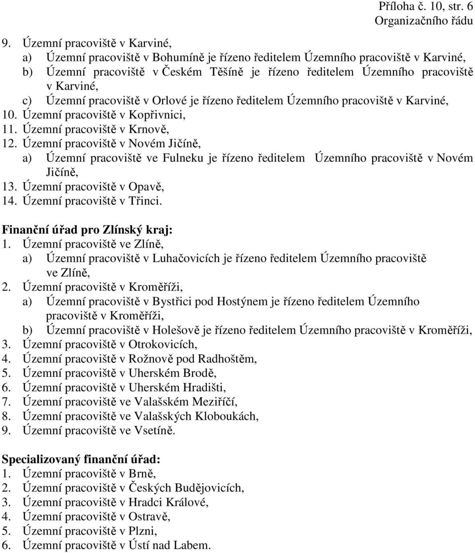 c) Územní pracoviště v Orlové je řízeno ředitelem Územního pracoviště v Karviné, 10. Územní pracoviště v Kopřivnici, 11. Územní pracoviště v Krnově, 12.