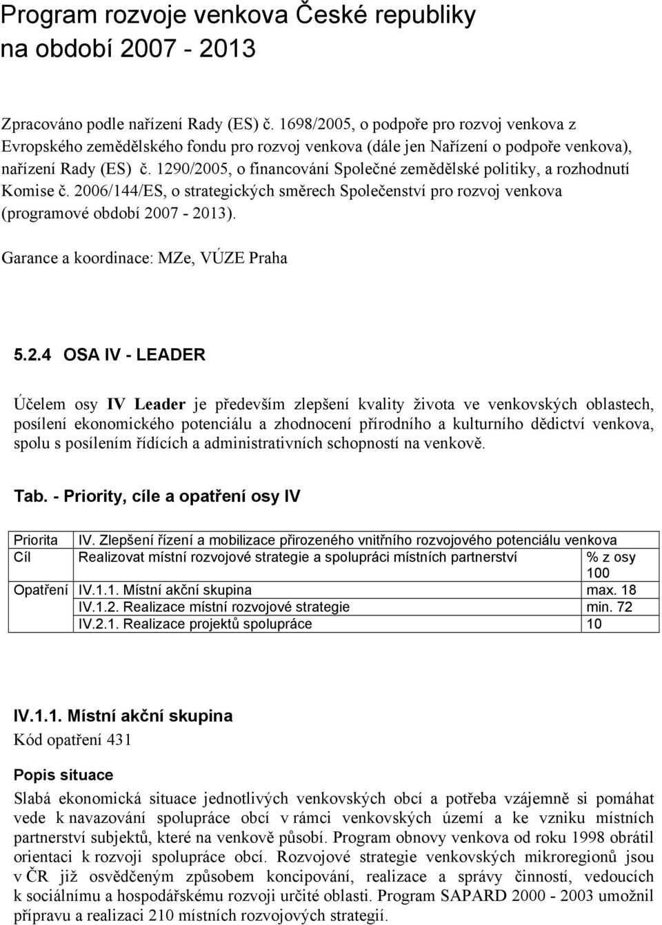 Zlepšení řízení a mobilizace přirozeného vnitřního rozvojového potenciálu venkova Cíl Realizovat místní rozvojové strategie a spolupráci místních partnerství % z osy 100 Opatření IV.1.1. Místní akční skupina max.