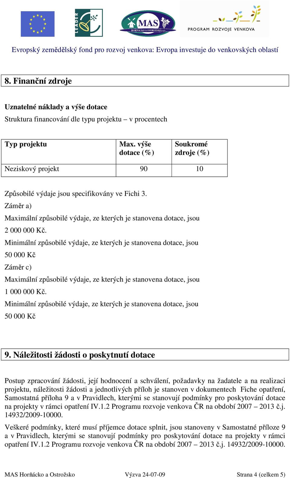 Minimální způsobilé výdaje, ze kterých je stanovena dotace, jsou 50 000 Kč Záměr c) Maximální způsobilé výdaje, ze kterých je stanovena dotace, jsou 1 000 000 Kč.