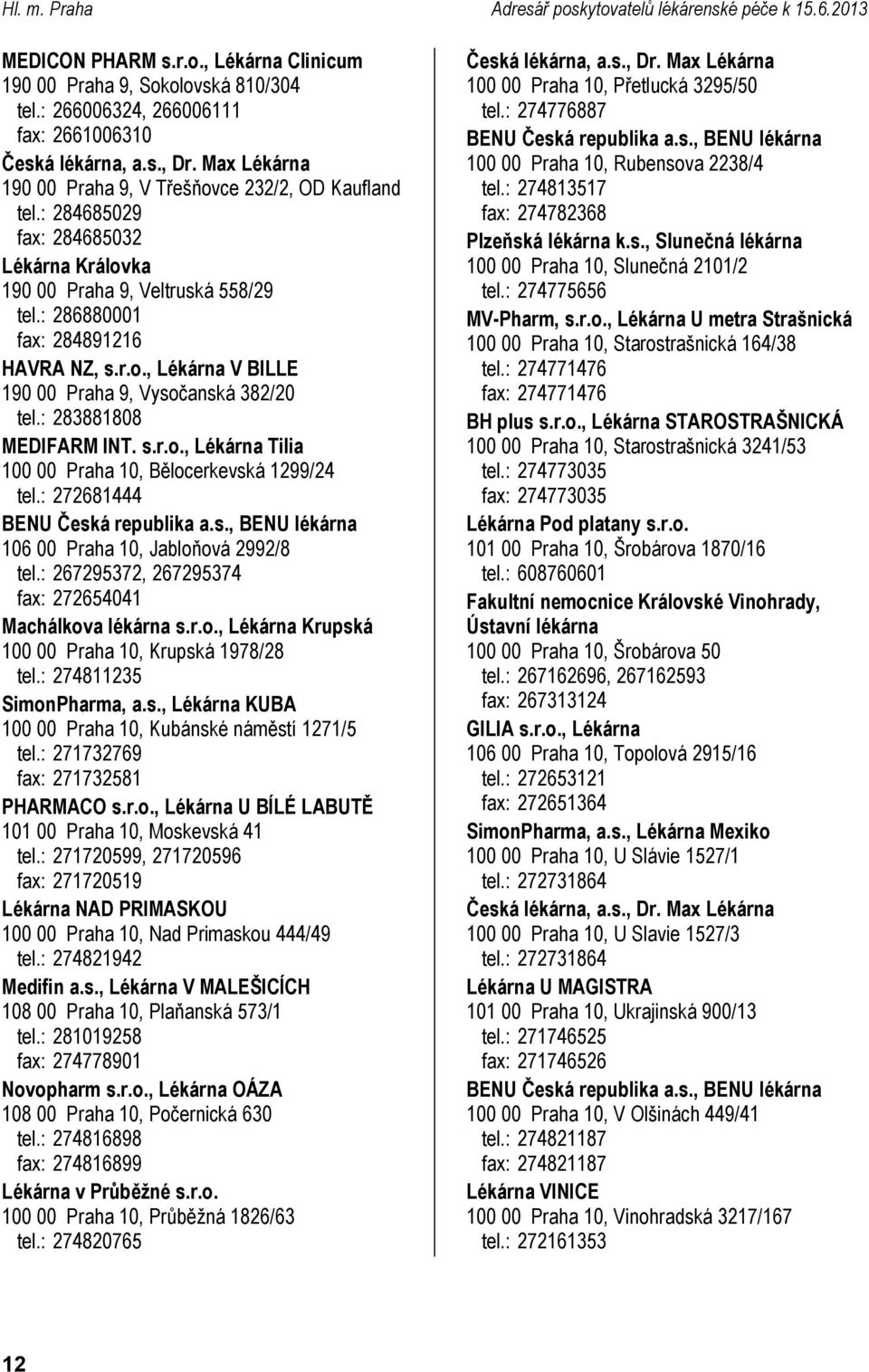 : 286880001 fax: 284891216 HAVRA NZ, s.r.o., V BILLE 190 00 Praha 9, Vysočanská 382/20 tel.: 283881808 MEDIFARM INT. s.r.o., Tilia 100 00 Praha 10, Bělocerkevská 1299/24 tel.